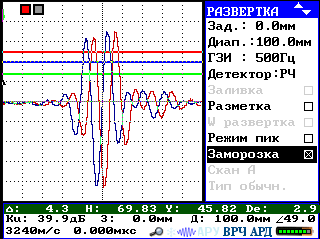 Наложение «замороженного» сигнала на текущий сигнал на дисплее ультразвукового микропроцессорного дефектоскопа УД3-71