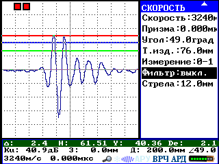 Режим «электронная лупа» на дисплее ультразвукового микропроцессорного дефектоскопа УД3-71