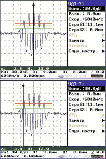 Режим измерения «Пик/Фронт» на дисплее ультразвукового микропроцессорного дефектоскопа УД3-71